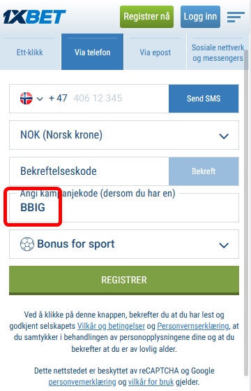 1xbet registreringsskjema