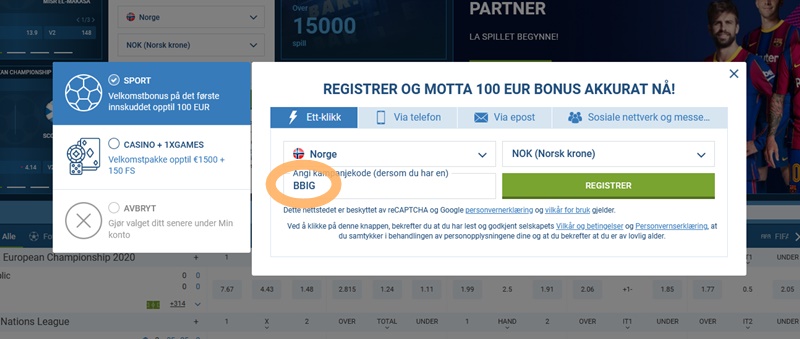 1xbet registreringsskjema