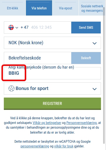 1xbet registreringsskjema