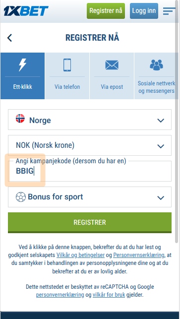 1xbet registreringsskjema