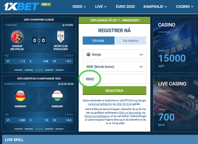 1xbet registreringsskjema