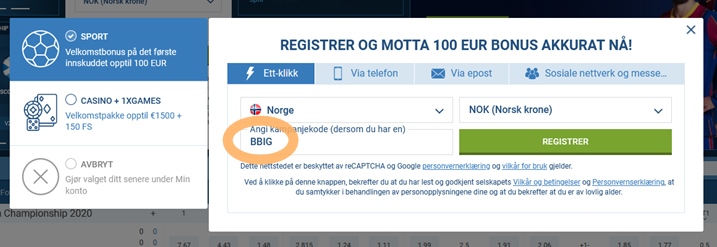 1xbet registreringsskjema