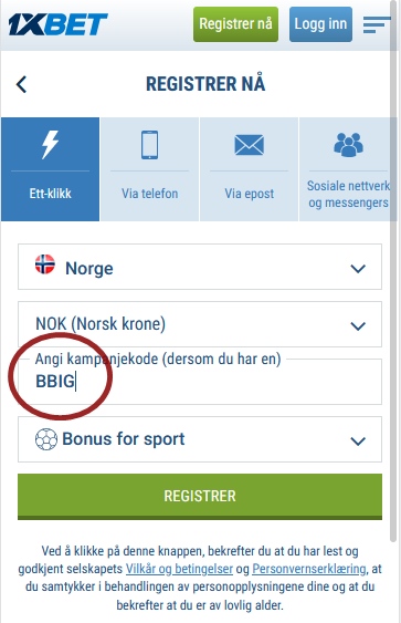 1xbet registreringsskjema