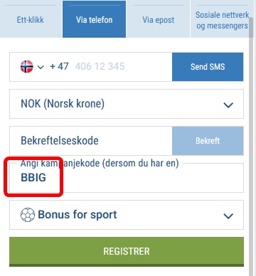 1xbet registreringsskjema