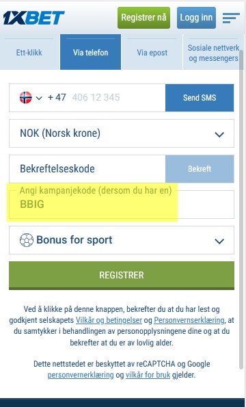 1xbet registreringsskjema