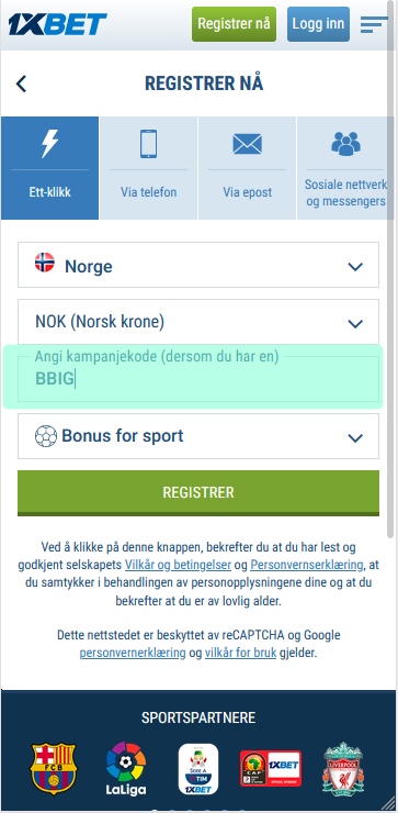 1xbet registreringsskjema