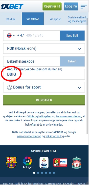 1xbet registreringsskjema