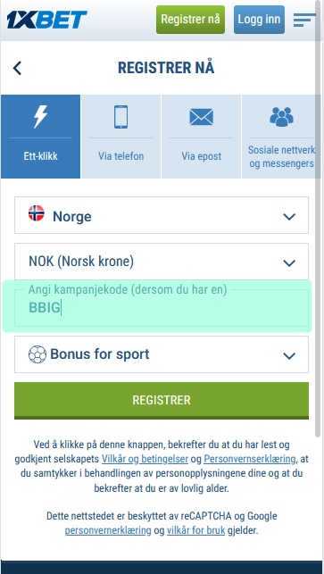 1xbet registreringsskjema