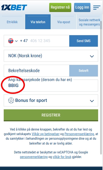 1xbet registreringsskjema