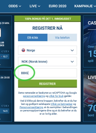 1xbet registreringsskjema