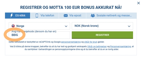 1xbet registreringsskjema