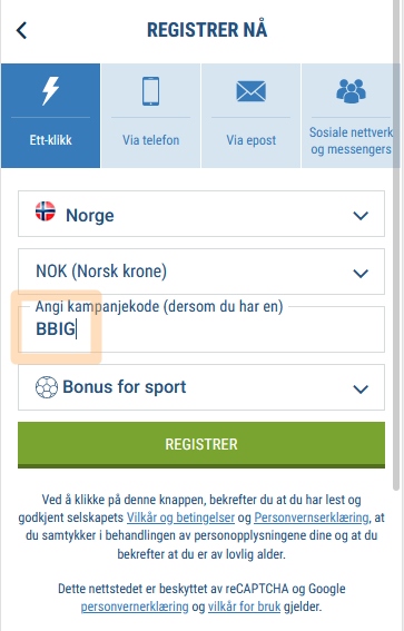 1xbet registreringsskjema