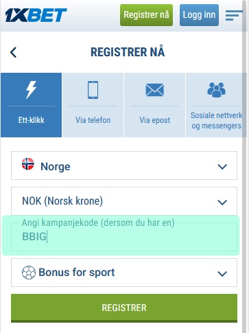 1xbet registreringsskjema