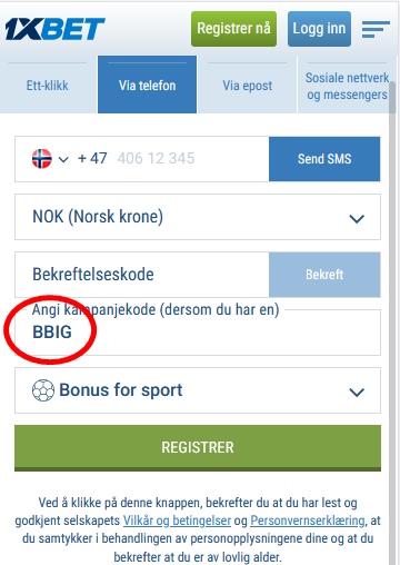 1xbet registreringsskjema