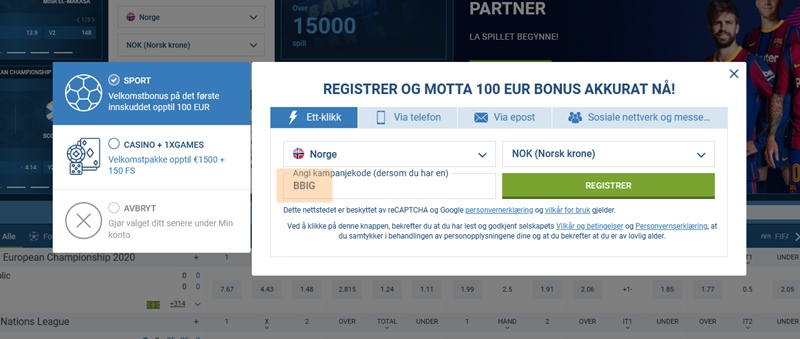 1xbet registreringsskjema