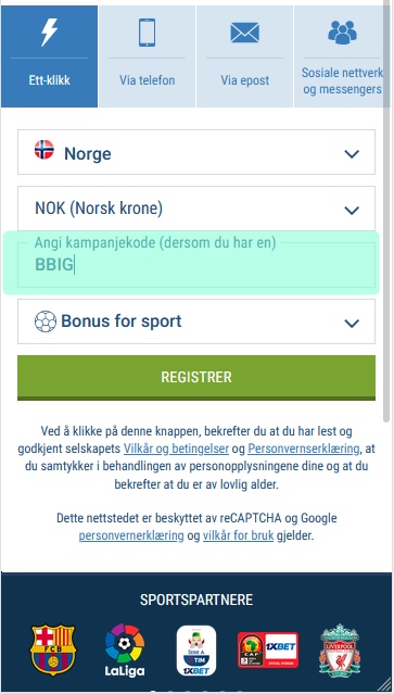 1xbet registreringsskjema