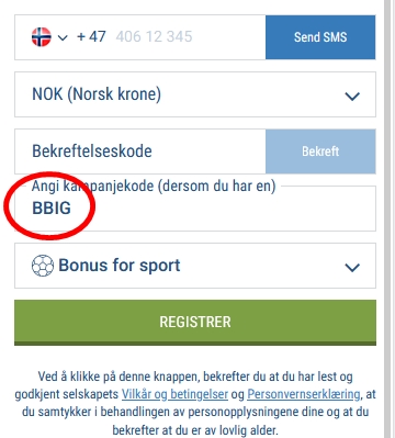 1xbet registreringsskjema