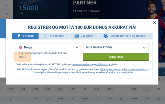 1xbet registreringsskjema