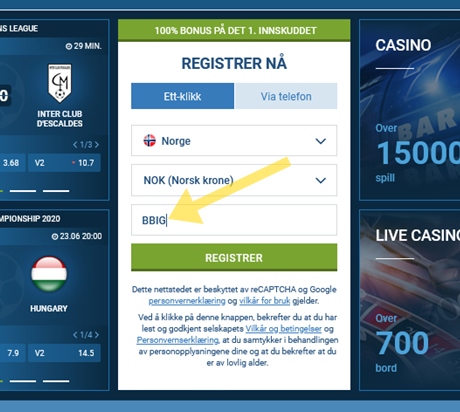 1xbet registreringsskjema