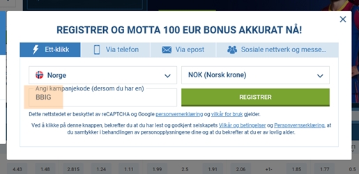 1xbet registreringsskjema