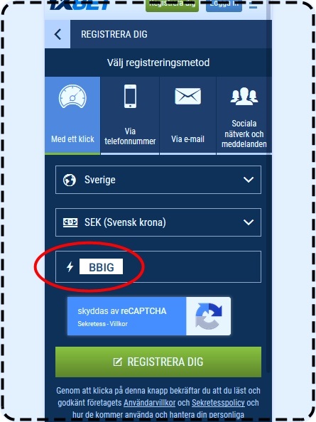 1xbet registreringsformulär