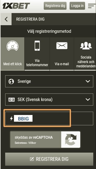 1xbet registreringsformulär