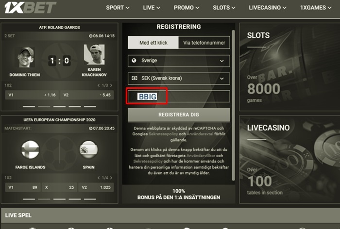 1xbet registreringsformulär