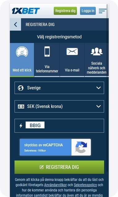 1xbet registreringsformulär