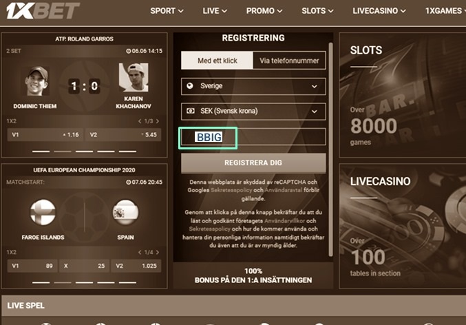 1xbet registreringsformulär
