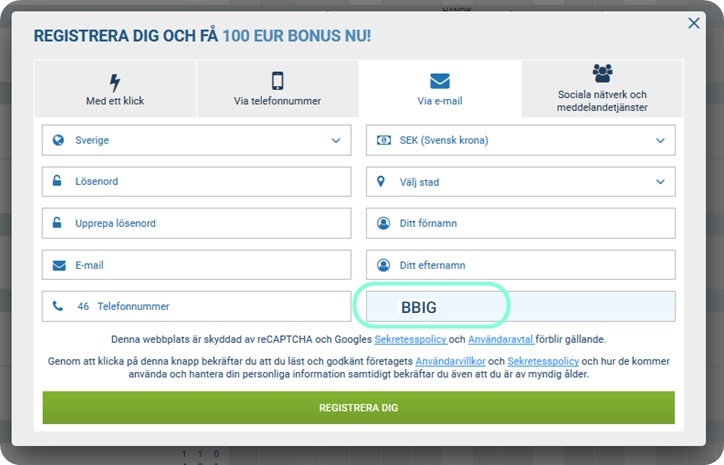 1xbet registreringsformulär