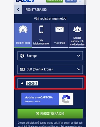 1xbet registreringsformulär
