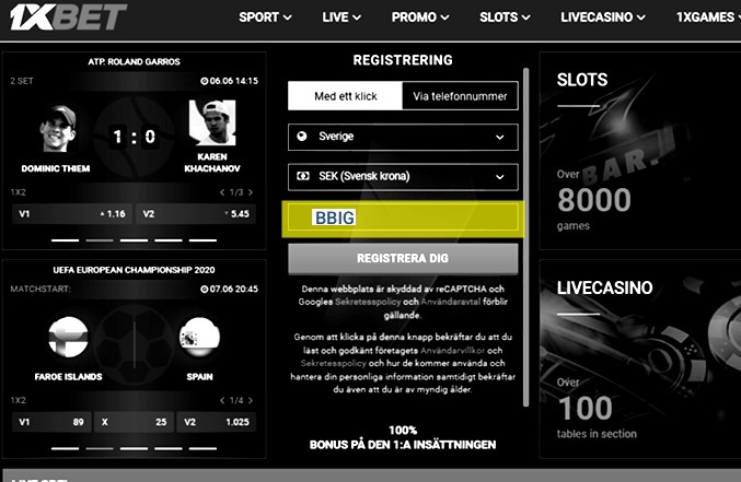 1xbet registreringsformulär