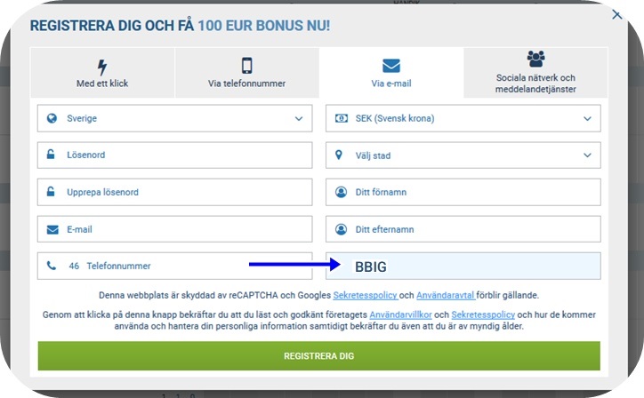 1xbet registreringsformulär