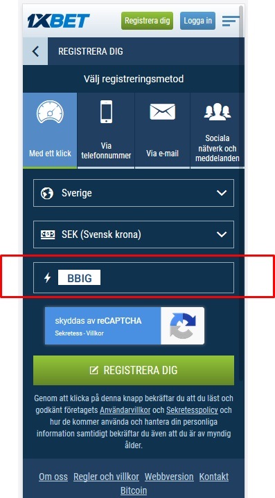 1xbet registreringsformulär