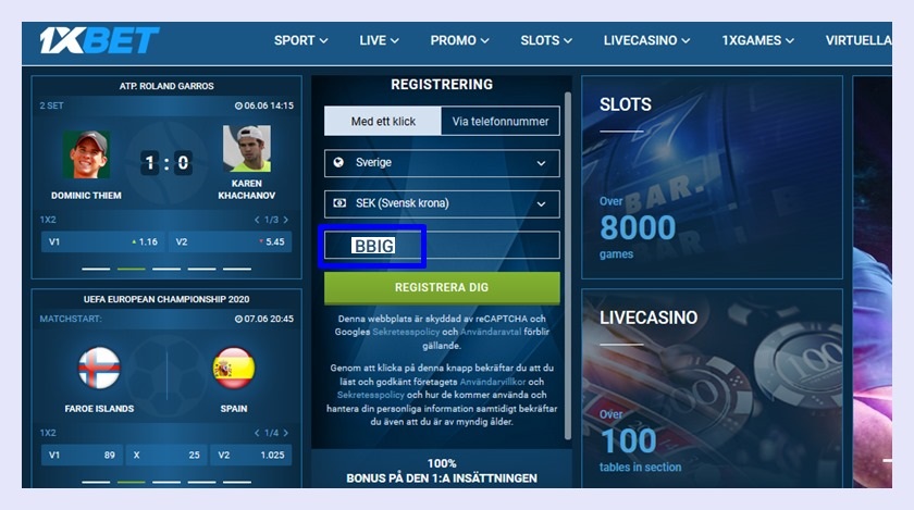 1xbet registreringsformulär