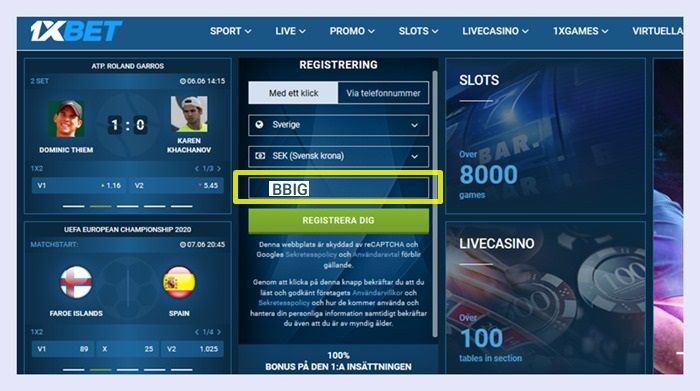 1xbet registreringsformulär