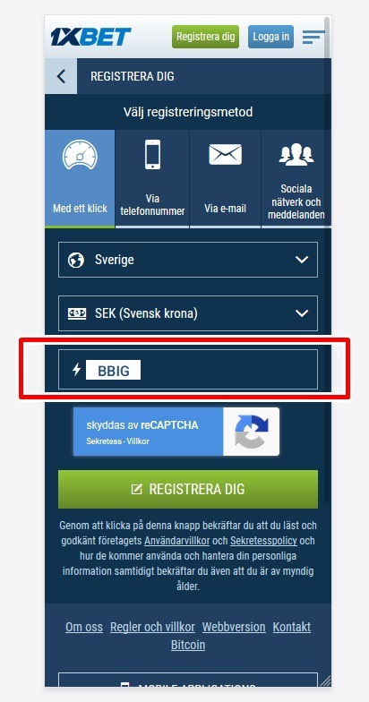 1xbet registreringsformulär