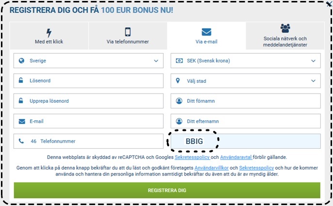 1xbet registreringsformulär