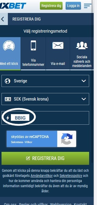 1xbet registreringsformulär