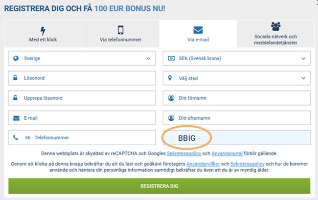 1xbet registreringsformulär