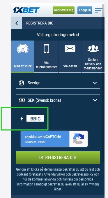 1xbet registreringsformulär