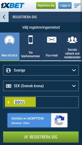 1xbet registreringsformulär