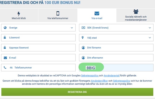 1xbet registreringsformulär