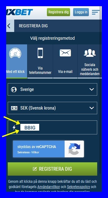1xbet registreringsformulär