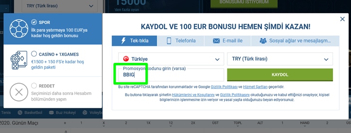 1xbet kayıt formu