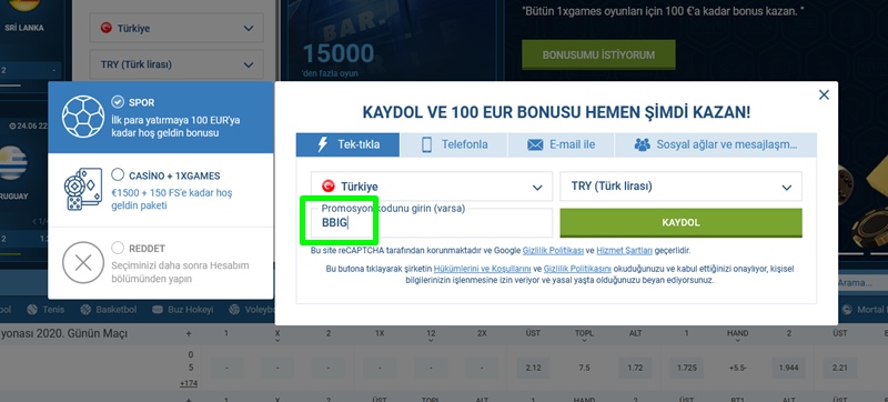 1xbet kayıt formu