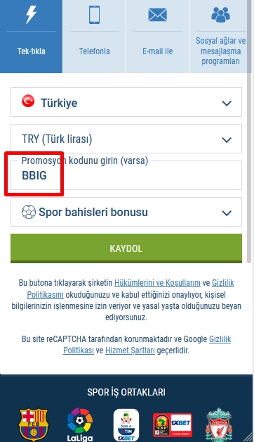 1xbet kayıt formu