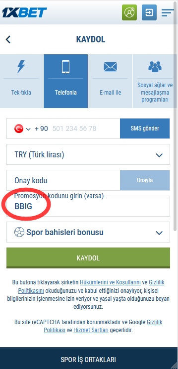 1xbet kayıt formu