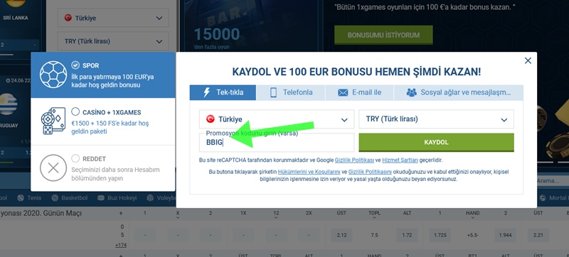 1xbet kayıt formu