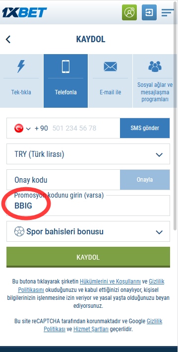 1xbet kayıt formu